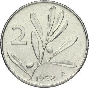 reverse:  2 lire 1958.    Mont. 07. IT.    RR.  SPL.  