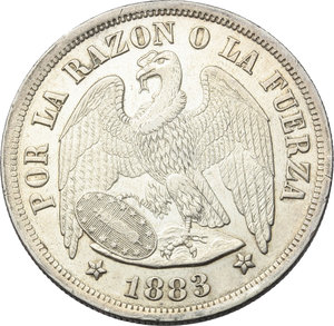 reverse: Cile.   Peso 1883.   KM 142.1. AG.      Good VF. 