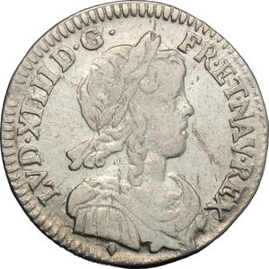 obverse: France. Louis XIV (1643-1715).  1/12 d écu à la mèche longue, 1658 Aix.   Camm. F8. AG. g. 2.25  mm. 21.00    VF. 