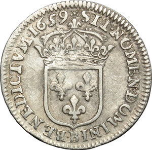 reverse: France. Louis XIV (1643-1715).  1/12 d écu à la mèche longue, 1659 Rouen.   Camm. F11. AG. g. 2.27  mm. 21.00    Good VF. 