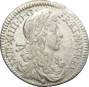obverse: France. Louis XIV (1643-1715).  1/12 d écu à la mèche longue, 1660 Aix.   Camm. F11. AG. g. 2.30  mm. 21.00    About EF. 