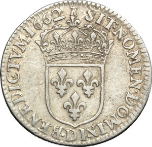 reverse: France. Louis XIV (1643-1715).  1/12 d écu à la mèche longue, 1662 Lyon.   Camm. F11. AG. g. 2.27  mm. 21.00    Good VF. 
