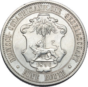 reverse: Germany. Wilhelm II (1888-1918).  Rupie 1890, German East Africa.   KM 2. AG. g. 30.00  mm. 11.66    About EF. 