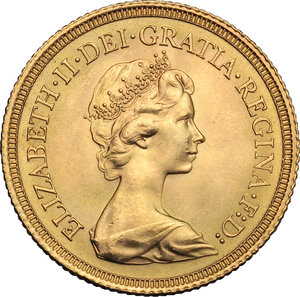obverse: Great Britain. Elizabeth II (1952-).  Sovereign 1974.    AV.      EF. 