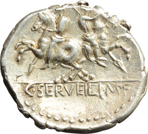 reverse: C. Servilius M.f.  AR Denarius, 136 BC. Obv. Helmeted head of Roma right; behind, wreath; below, X and ROMA. Rev. The Dioscuri galloping in opposite directions; in exergue, C. SERVEILI. M.F. Cr. 239/1. B.1. AR. g. 3.96  mm. 20.00   Good metal, full weight and broad flan. Brilliant and prettily toned. A little off centre on reverse, otherwise EF/About EF. 