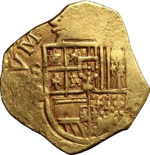 obverse: Spain. Philip III (1598-1621).  2 escudos, Seville.   Fr. 189.. AV. g. 6.74    Encapsulated by NGC, grading XF45. Good VF. 