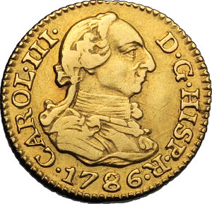obverse: Spain. Carlos III (1759-1788).  1/2 escudo 1786 Madrid.   Fr. 290. AV. g. 1.76     VF. 