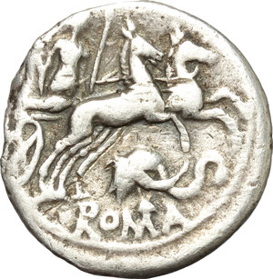 reverse: L. Caecilius Metellus Diadematus.  AR Denarius, 128 BC. Obv. Helmeted head of Roma right; behind, X. Rev. Goddess in biga right, holding sceptre and reins in left hand and branch in right; below horses, elephant s head with bell attached/ROMA. Cr. 262/1. B. (Caecilia) 38. AR. g. 3.58  mm. 17.00    VF. 