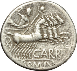reverse: Cn. Carbo.  AR Denarius, 121 BC. Obv. Helmeted head of Roma right; behind, X. Rev. Jupiter in quadriga right; below horses, CARB; in exergue, ROMA. Cr. 279/1. B. (Papiria) 7. AR. g. 3.72  mm. 20.50   Good metal. Well centred on a broad flan and lightly toned. VF. 