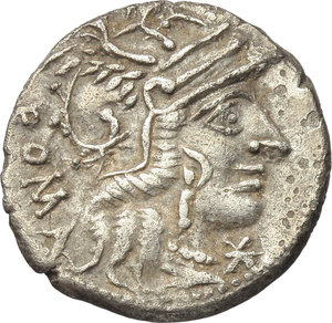 obverse: Cn. Fulvius, M. Calidius and Q. Metellus.  AR Denarius, 117-116 BC. Obv. Head of Roma right, X below chin, ROMA behind. Rev. Victory in biga right, CN FOVL below horses, M CAL Q MET in exergue. Cr. 284/1b. B.1. AR. g. 3.81  mm. 18.00   Untouched and lightly toned. Good VF/VF. 