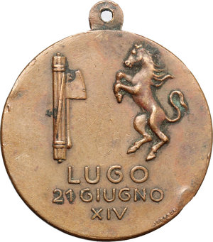 reverse: Francesco Baracca (1888-1918). Medaglia con appiccagnolo, A. XIV, per l inaugurazione del monumento a Lugo.     AE.   mm. 30.00 Inc. S. Johnson.   BB.