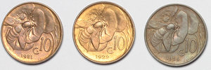 reverse: Regno di Italia. Vittorio Emanuele III (1900-1943). Lotto di 3 monete: 10 cent. 1921, 10 cent. 1922, 10 cent. 1926.    Pag. 230, 231, 235. AE.      FDC.