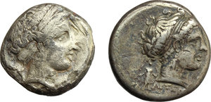 obverse: Italy. Central and Southern Campania, Neapolis.   Multiple lot of two (2) unclassified AR Didrachms, 320-250 BC.    AR.     g. 7,10; g. 5.99. An interesting lot. Toned. F:VF.