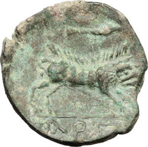 reverse: Italy. Northern Apulia, Arpi.   AE 21 mm. c. 325-275 BC. Obv. Laureate head of Zeus left; behind, thunderbolt. Rev. Boar right; above, spear; ethnic in exergue. HN Italy 642. SNG ANS 639. AE. g. 8.32  mm. 21.00   Sharply struck. Earthen olive green patina with lighter highlights. EF.