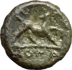 reverse: Anonymous.  AE Half Litra, c. 234-231 BC. Obv. Head of Roma right, wearing Phrygian helmet. Rev. Dog right; in exergue, ROMA. Cr. 26/4. AE. g. 1.10  mm. 11.00   Nice glossy dark green patina. Good VF.