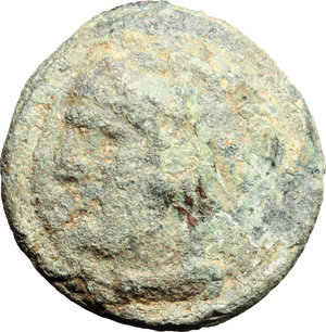 obverse: Janus/Prow to left series.  AE Cast Quadrans, 225-217 BC. Obv. Head of Hercules left, wearing lion skin; behind, three pellets. Rev. Prow left; below, three pellets. Cr. 36/4. Vecchi ICC 91. HN Italy 340. AE. g. 61.22  mm. 39.50  RR. Very rare. Earthen light green patina. About VF. Only 21 specimen mentioned by Haeberlin.