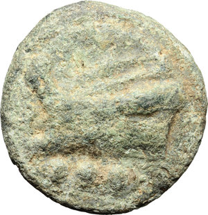 reverse: Janus/Prow to left series.  AE Cast Quadrans, 225-217 BC. Obv. Head of Hercules left, wearing lion skin; behind, three pellets. Rev. Prow left; below, three pellets. Cr. 36/4. Vecchi ICC 91. HN Italy 340. AE. g. 61.22  mm. 39.50  RR. Very rare. Earthen light green patina. About VF. Only 21 specimen mentioned by Haeberlin.