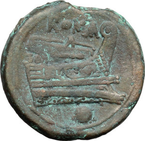 reverse: Semilibral series.  AE Uncia, 217-215 BC. Obv. Helmeted head of Roma left; behind, pellet. Rev. ROMA. Prow right; below, pellet. Cr. 38/6. AE. g. 11.88  mm. 25.00   A very attractive example of excellent style. Brown patina with green spots. Good VF.