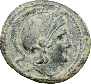 obverse: Semilibral series.  AE Quartuncia, 217-215 BC. Obv. Helmeted head of Roma right. Rev. ROMA. Prow right. Cr. 38/8. AE. g. 2.72  mm. 17.00   Attractive earthen dark green patina. Good VF.