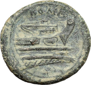 reverse: Semilibral series.  AE Quartuncia, 217-215 BC. Obv. Helmeted head of Roma right. Rev. ROMA. Prow right. Cr. 38/8. AE. g. 2.72  mm. 17.00   Attractive earthen dark green patina. Good VF.