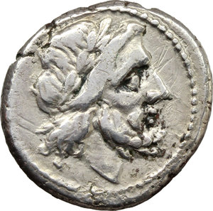 obverse: Anonymous.  AR Victoriatus, from 211 BC. Obv. Laureate head of Jupiter right. Rev. Victory right crowning trophy; in exergue, ROMA. Cr. 44/1. AR. g. 3.18  mm. 16.00    VF.