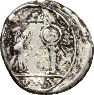 reverse: Anonymous.  AR Victoriatus, from 211 BC. Obv. Laureate head of Jupiter right. Rev. Victory right crowning trophy; in exergue, ROMA. Cr. 44/1. AR. g. 3.18  mm. 16.00    VF.