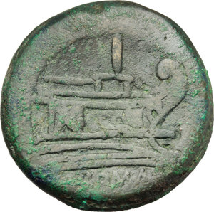 reverse: Anonymous Sextantal series.  AE As, after 211 BC. Obv. Laureate head of Janus; above, I. Rev. Prow right; above, I; below, ROMA. Cr. 56/2. AE. g. 36.40  mm. 36.00   Green-brown patina VF.