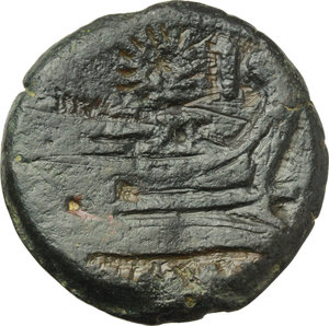 reverse: Wreath series.  AE As, c. 211-208 BC, Central Italy (?). Obv. Laureate head of Janus; above, mark of value I;. Rev. Prow right; above, wreath and mark of value I; below, ROMA. Cr. 110/2. AE. g. 35.67  mm. 33.00  R. Rare. Dark green-brown patina. VF.