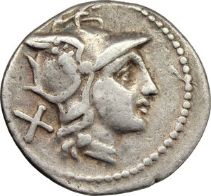 obverse: Gryphon series.  AR Denarius, c. 206-195 BC. Obv. Helmeted head of Roma right; behind, X. Rev. The Dioscuri galloping right; below,gryphon and ROMA in partial tablet. Cr. 182/1. AR. g. 3.42  mm. 19.00   Nicely toned. VF.