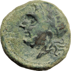 obverse: Italy. Northern Apulia, Arpi.   AE 17 mm. c. 325-275 BC. Obv. Laureate head of Zeus left. Rev. Horse prancing left; above, star; below, monogram. HN Italy 644 var. AE. g. 7.05    A nice example. Earthy green patina. Good VF.