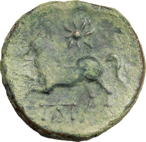 reverse: Italy. Northern Apulia, Arpi.   AE 17 mm. c. 325-275 BC. Obv. Laureate head of Zeus left. Rev. Horse prancing left; above, star; below, monogram. HN Italy 644 var. AE. g. 7.05    A nice example. Earthy green patina. Good VF.