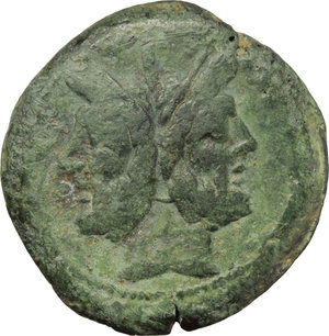 obverse: Meta series.  AE As, c. 206-195 BC. Obv. Laureate head of Janus; above, mark of value I. Rev. Prow right; above, meta; before, mark of value I; below, ROMA. Cr. 124/3. AE. g. 29.95  mm. 35.00  R. Rare. Green patina VF/About VF.