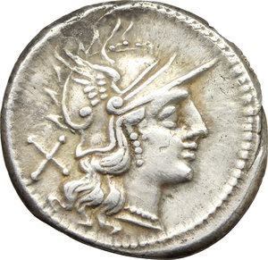 obverse: Crescent (second) series.  AR Denarius, c. 194-190 BC. Obv. Helmeted head of Roma right; behind, X. Rev. The Dioscuri galloping right; above, crescent, below, ROMA in partial tablet. Cr. 137/1. AR. g. 3.52  mm. 19.00   A very attractive example, nicely toned. About EF.