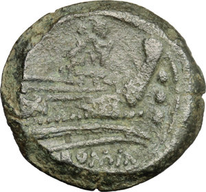 reverse: L. Mamilius.  AE Quadrans, c. 189-180 BC. Obv. Head of Hercules right, wearing lion s skin; behind, three pellets. Rev. Prow right; above, Ulysses holding staff in left hand; before, three pelles and below, ROMA. Cr. 149/4b. B.-. RBW 660. AE. g. 8.41  mm. 21.00  RR. Very rare, only one specimen in BN Paris. Green patina. F/VF.