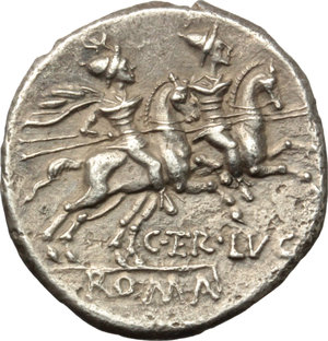 reverse: C. Terentius Lucanus.  AR Denarius, 147 BC. Obv. Helmeted head of Roma right; behind, X and small Victory. Rev. The Dioscuri galloping right; below horses, C. TER. LVC; in exergue, ROMA. Cr. 217/1. B. 10. AR. g. 3.72  mm. 18.00   Of wonderful style, from masterly engraved dies. Minor traces of corrosion on reverse, otherwise EF.