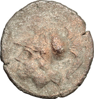 obverse: Italy. Northern Apulia, Arpi.   AR debased (?) Triobol, 3rd century BC. Obv. Head of Athena left, wearing Corinthian helmet. Rev. AP-Π-A. Three barley-ears cojoined at the stem. Unlisted (AE) in the standard references. Cf. HN Italy 646. Cf. SNG Cop. 601. Cf. Siciliano, Arpi, B, 1. AR/AE. g. 2.20  mm. 16.50  RR. Very rare. VF. A debased Triobol? A bronze fourrèe example?.