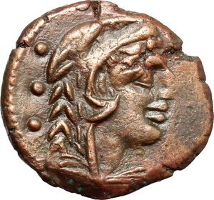 obverse: L. Trebanius.  AE Quadrans, 135 BC. Obv. Head of Hercules right, wearing lion s skin; behind, three pellets. Rev. L. TREBANI. Prow right; before, three pellets; below, ROMA. Cr. 241/4. AE. g. 5.05  mm. 20.00  Scarce. A very nice example, sharply struck in high relief, from a fresh and well detailed dies. Chocolate-brown toning. About EF.