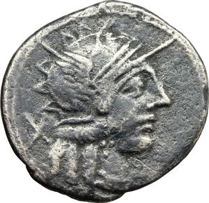 obverse: C. Cato.  AR Denarius. Obv. Helmeted head of Roma right, X behind. Rev. Victory in biga right; below horses, C. CATO; in exergue, ROMA. Cr. 274/1. AR. g. 3.59  mm. 19.00   Toned About VF.