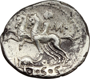 reverse: Ti. Quinctius.  AR Denarius, 112-111 BC. Obv. Bust of Hercules left, seen from behind, with club above right shoulder. Rev. Desultor left; behind, M and dot; below horses, TI-Q on sides of rat left; in exergue, D.S.S incuse on tablet. Cr. 297/1. AR. g. 3.92  mm. 20.00   Unusually well centred on a broad flan and complete. A superb example, lightly toned, with dark spots. Good VF.