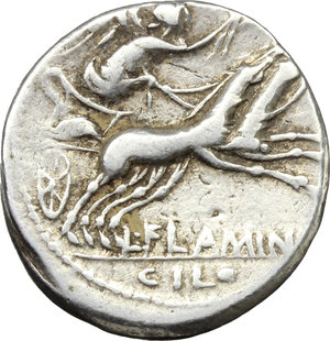 reverse: L. Flaminius Chilo.  AR Denarius, 109-108 BC. Obv. Helmeted head of Roma right; below chin, X; behind, ROMA. Rev. Victory in biga right; below horses, L. FLAMINI; in exergue, CILO. Cr. 302/1. B.1. AR. g. 4.03  mm. 19.00   A broad and over weight flan. Lightly toned. Good VF.