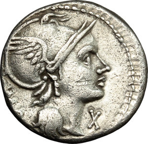 obverse: L. Flaminius Chilo.  AR Denarius, 109-108 BC. Obv. Head of Roma right; X below chin, ROMA behind. Rev. Victory in biga right; below horses, L. FLAMINI; [CILO] in exergue. Cr. 302/1. B. 1. AR. g. 3.69  mm. 19.00   Broad flan, nicely toned. VF.