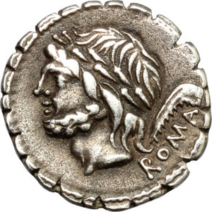 obverse: L. Memmius Galeria.  AR Denarius serratus, 106 BC. Obv. Laureate head of Saturn left; behind, harpa and ROMA. Rev. Venus in biga right, Cupid flies above; below the horse s leg, D and dot; in exergue, L. MEMMI/GAL. Cr. 313/1c. B.2. AR. g. 3.46  mm. 17.00   A very attractive example. Light old cabinet tone. Good VF.
