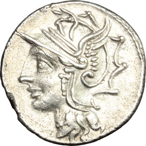 obverse: L. Appuleius Saturninus.  AR Denarius, 104 BC. Obv. Helmeted head of Roma left. Rev. Saturn in quadriga right; below horses, F; in exergue, L. SATVRN. Cr. 317/3b. B.1. AR. g. 3.70  mm. 19.00   Well centred on a broad flan and prettily toned. Hair-line flan crack at one o clock of reverse, otherwise about EF.