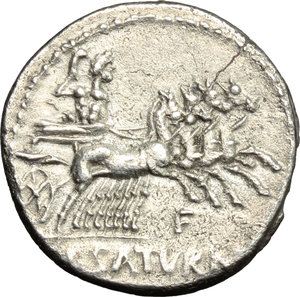 reverse: L. Appuleius Saturninus.  AR Denarius, 104 BC. Obv. Helmeted head of Roma left. Rev. Saturn in quadriga right; below horses, F; in exergue, L. SATVRN. Cr. 317/3b. B.1. AR. g. 3.70  mm. 19.00   Well centred on a broad flan and prettily toned. Hair-line flan crack at one o clock of reverse, otherwise about EF.