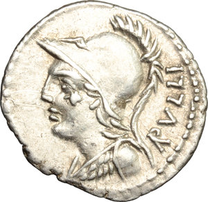 obverse: P. Servilius M. f. Rullus.  AR Denarius, 100 BC. Obv. Bust of Minerva left, wearing crested helmet and aegis; behind, RVLLI. Rev. Victory in biga right; below horses, P; in exergue, P. SERVILI M.F. Cr. 328/1. B. 14. AR. g. 3.81  mm. 20.50   Superb and lightly toned. Almost invisible graffiti on obverse, otherwise EF.