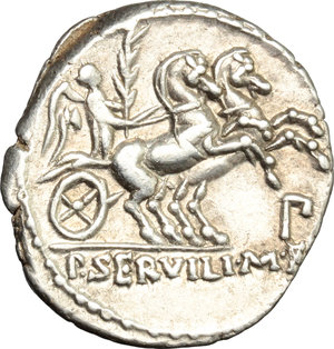 reverse: P. Servilius M. f. Rullus.  AR Denarius, 100 BC. Obv. Bust of Minerva left, wearing crested helmet and aegis; behind, RVLLI. Rev. Victory in biga right; below horses, P; in exergue, P. SERVILI M.F. Cr. 328/1. B. 14. AR. g. 3.81  mm. 20.50   Superb and lightly toned. Almost invisible graffiti on obverse, otherwise EF.