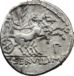 reverse: P. Servilius M. f. Rullus.  AR Denarius, 100 BC. Obv. Bust of Minerva left, wearing crested helmet and aegis; behind, RVLLI. Rev. Victory in biga right; below horses, P; in exergue, P. SERVILI M.F. Cr. 328/1. B. 14. AR. g. 3.92  mm. 20.00    Good VF.