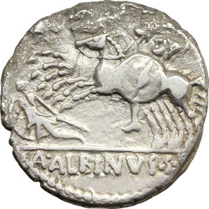 reverse: A. Albinus Sp.f.  AR Denarius, 96 BC. Obv. Diademed and draped bust of Diana right, bow and quiver on shoulder; below, ROMA. Rev. Three horsemen galloping left; before, fallen warrior; in exergue, A. ALBINVS S.F. Cr. 335/9. B. 4. AR. g. 3.73  mm. 17.50   Some corrosions, otherwise About VF/VF.