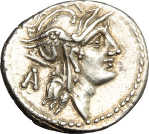 obverse: D. Silanus L.f.  AR Denarius, 91 BC. Obv. Helmeted head of Roma right; behind, A. Rev. Victory in biga right; above, I; in exergue, D. SILANVS L.F/ROMA. Cr. 337/3. B.(Iunia) 8. AR. g. 3.93  mm. 19.00   Perfectly centred, brilliant and superb. EF.