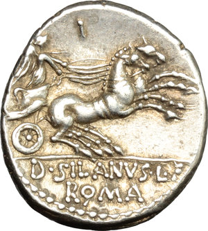 reverse: D. Silanus L.f.  AR Denarius, 91 BC. Obv. Helmeted head of Roma right; behind, A. Rev. Victory in biga right; above, I; in exergue, D. SILANVS L.F/ROMA. Cr. 337/3. B.(Iunia) 8. AR. g. 3.93  mm. 19.00   Perfectly centred, brilliant and superb. EF.